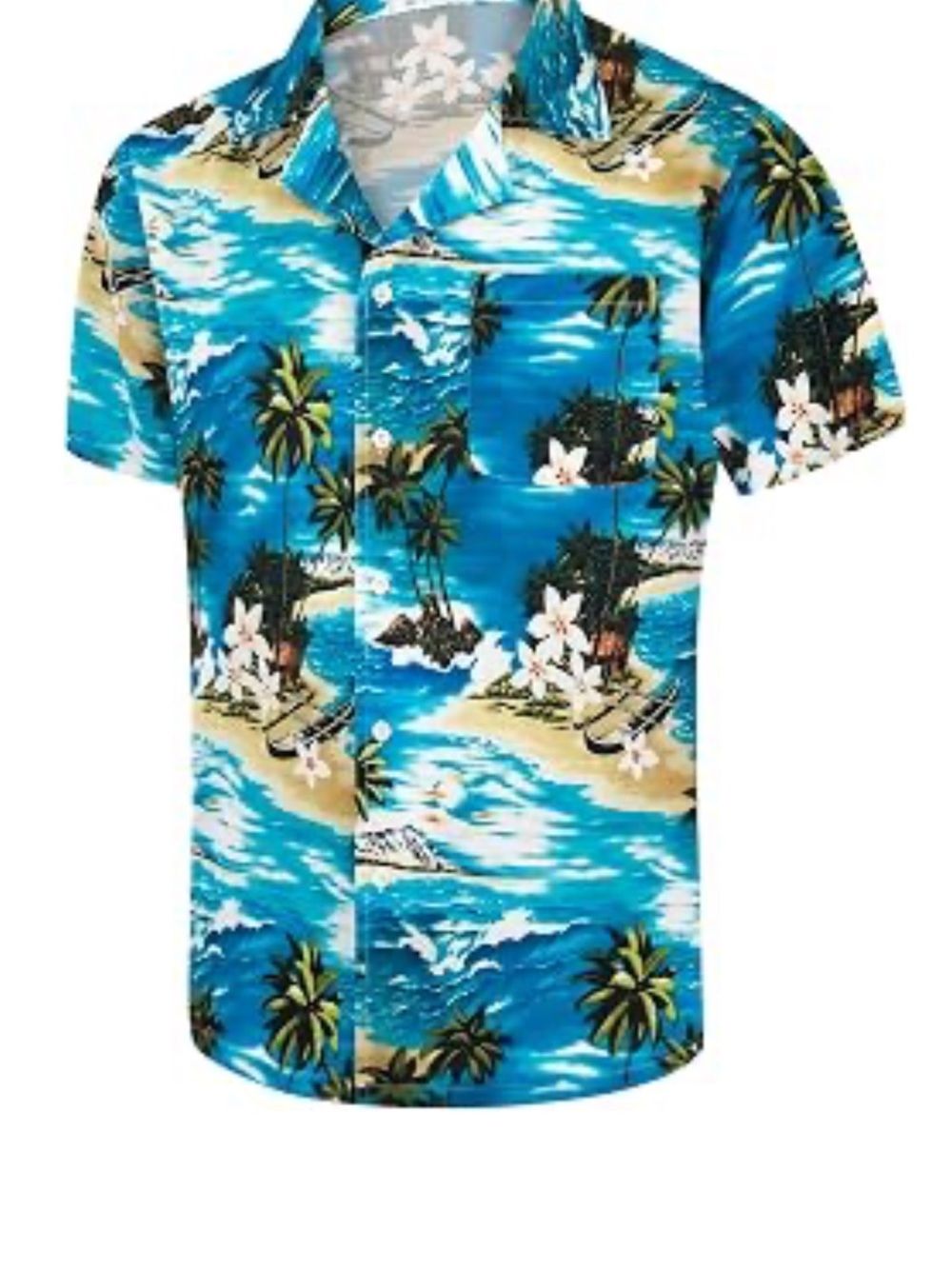 Men's Blue Tropical Island Print Short-Sleeve Button-Down Shirt